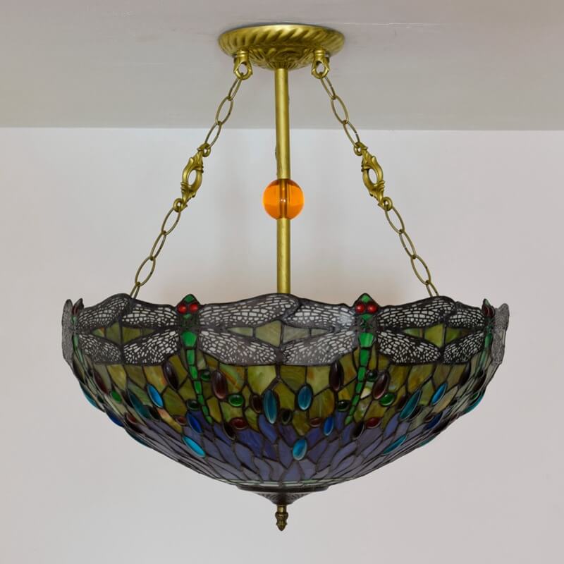 Antique Tiffany Dragonfly Stained Glass 3-Light Chandelier for Dining Room