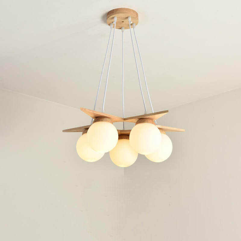 Modern Wood & Frosted Glass 3/5 Light Chandelier for Living Room