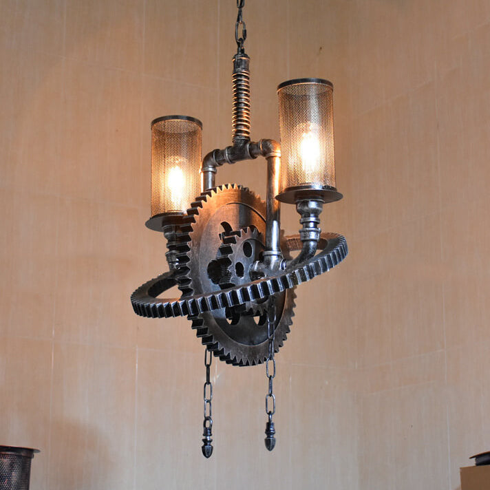 Rustic Vintage Industrial Iron Gear 2-Light Chandelier for Loft Spaces