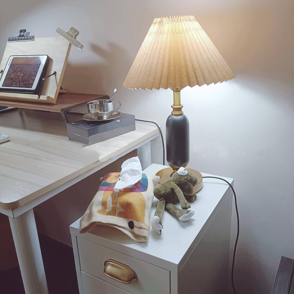 Classic French Fabric and PVC Pleated Table Lamp for Bedroom Décor