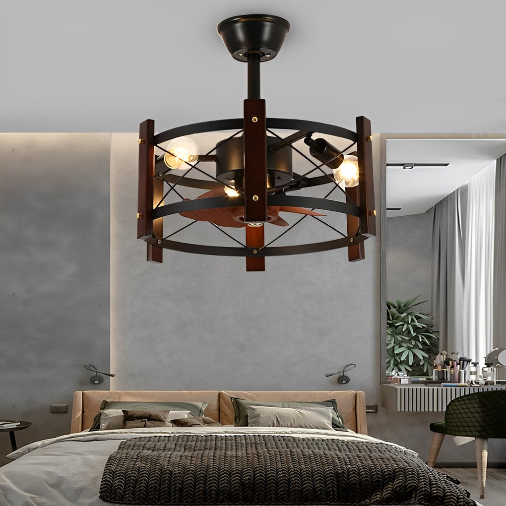 Vintage Black Metal Bladeless Ceiling Fan with Chandelier for Living Room