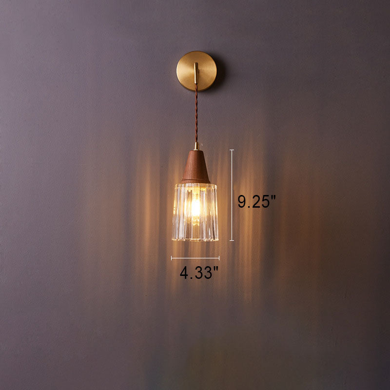 Rustic Japanese Walnut Glass Copper Cylinder Wall Sconce for Entryway