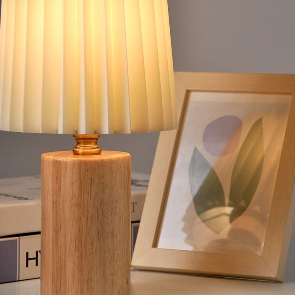 Elegant Vintage Korean Pleated Column Table Lamp with Solid Wood Base