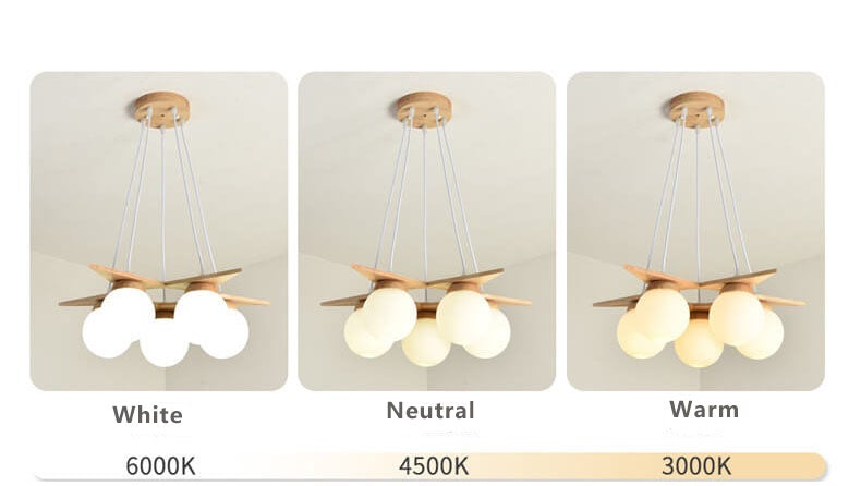Modern Wood & Frosted Glass 3/5 Light Chandelier for Living Room