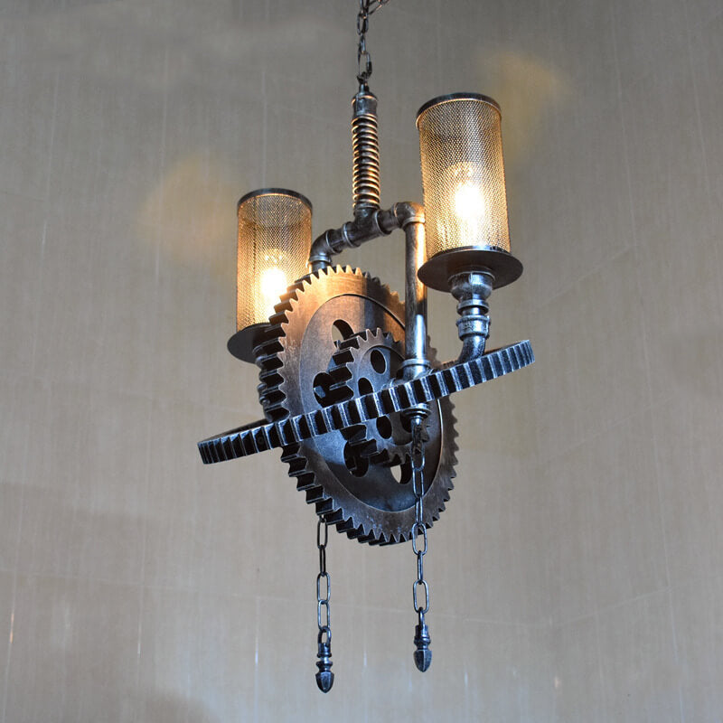 Rustic Vintage Industrial Iron Gear 2-Light Chandelier for Loft Spaces