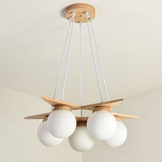 Modern Wood & Frosted Glass 3/5 Light Chandelier for Living Room