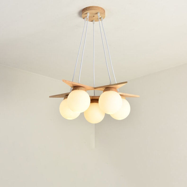 Modern Wood & Frosted Glass 3/5 Light Chandelier for Living Room