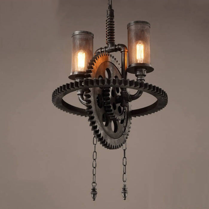 Rustic Vintage Industrial Iron Gear 2-Light Chandelier for Loft Spaces