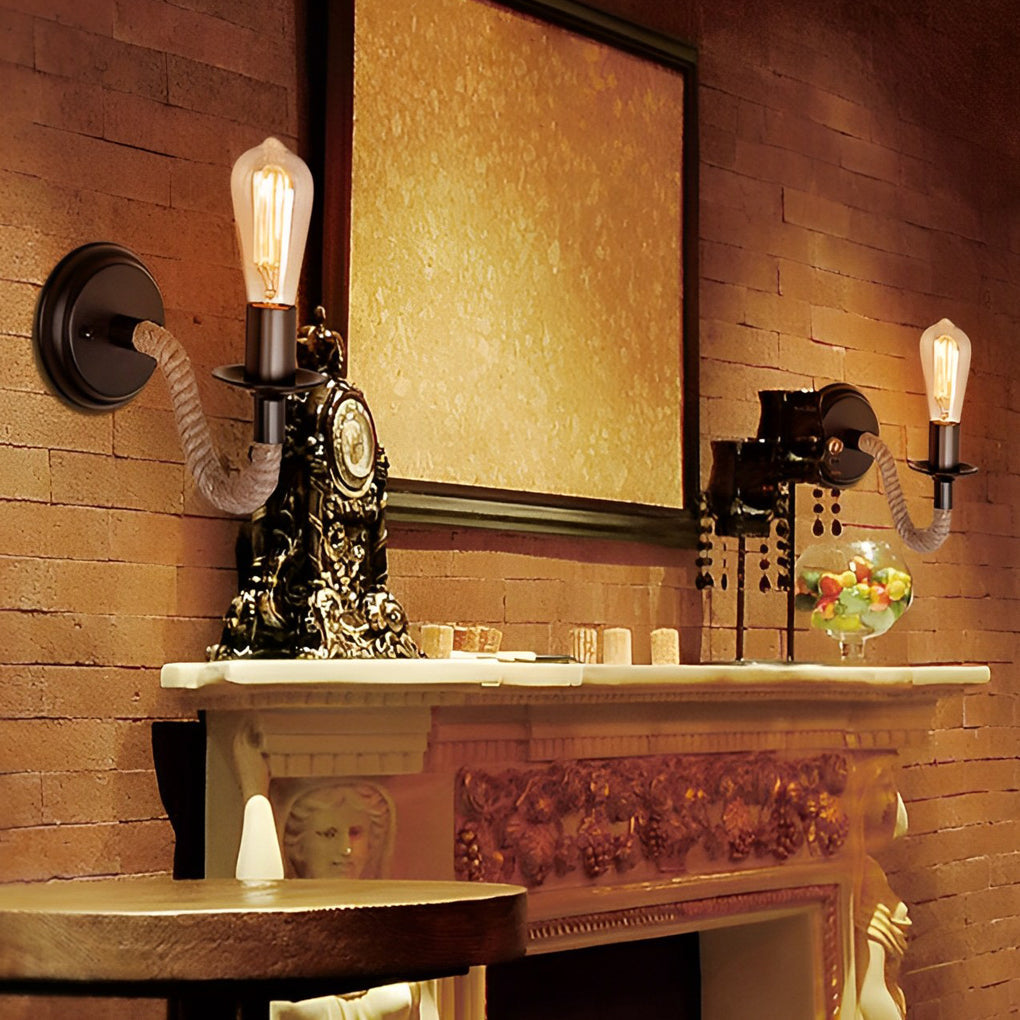 Rustic Iron Rope Industrial Wall Lamp Fixture for Vintage Decor, Black