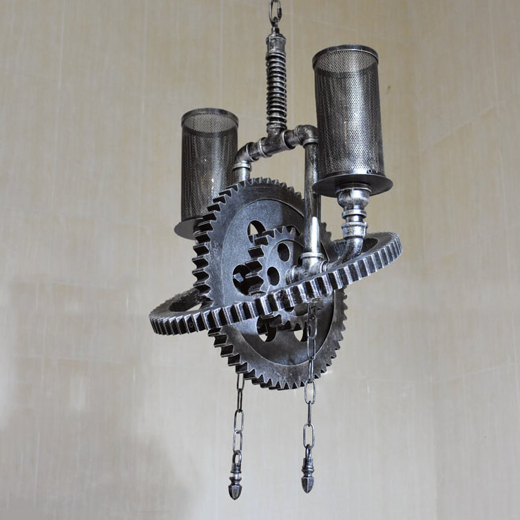 Rustic Vintage Industrial Iron Gear 2-Light Chandelier for Loft Spaces