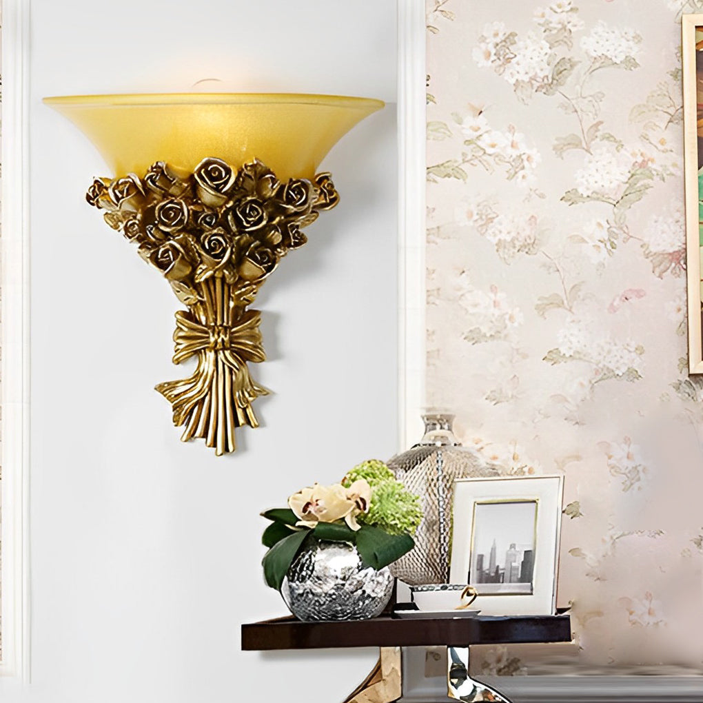 Vintage Pink Resin Roses Glass Wall Lamp Fixture for Living Room Decor