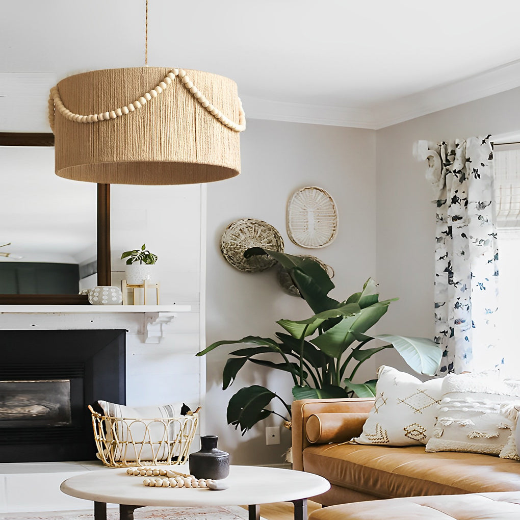 Boho Chic Twine Rope Chandelier with Wood Beads & Tassels for Living Room