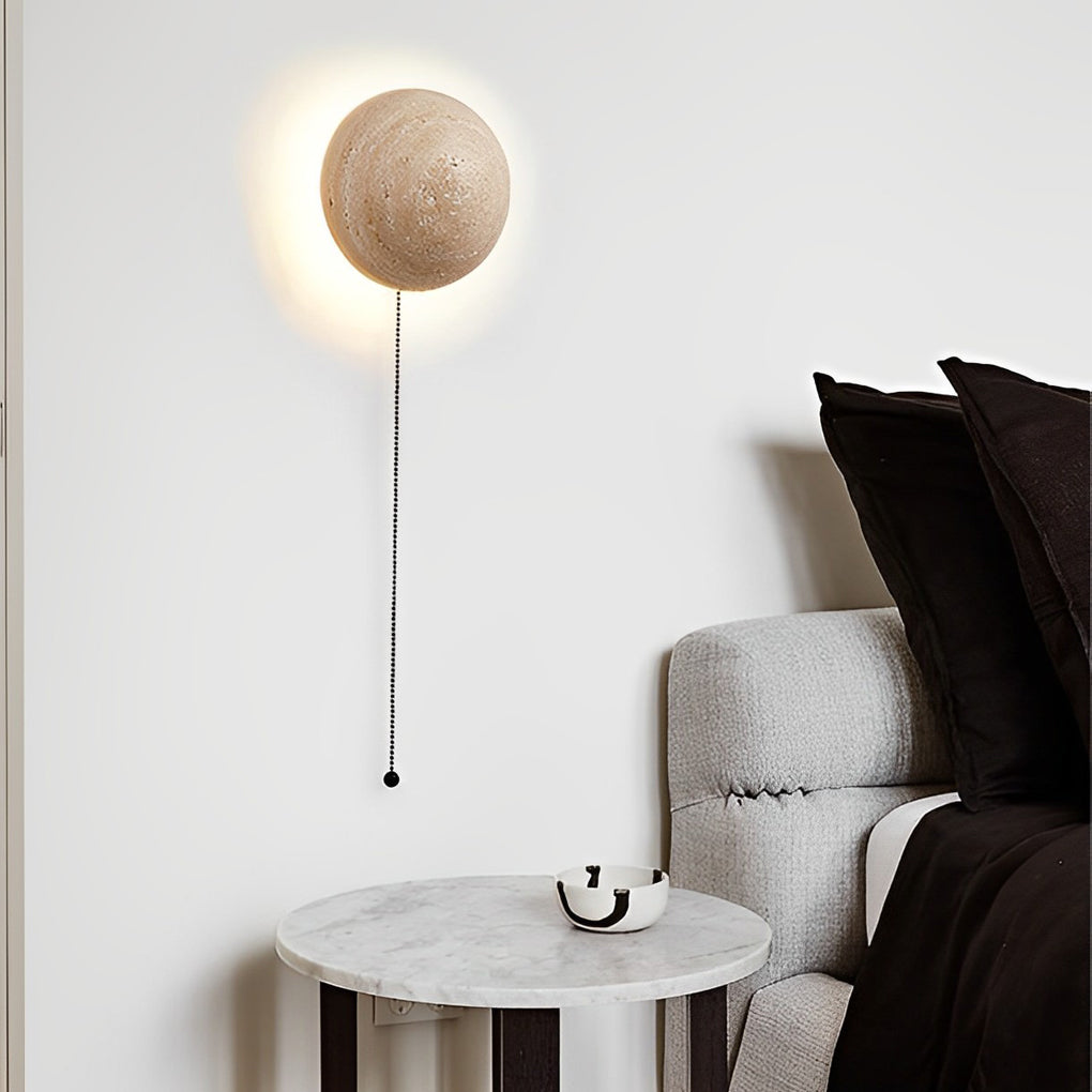 Elegant Round LED Wall Sconce in Japanese Style Travertine for Living Room