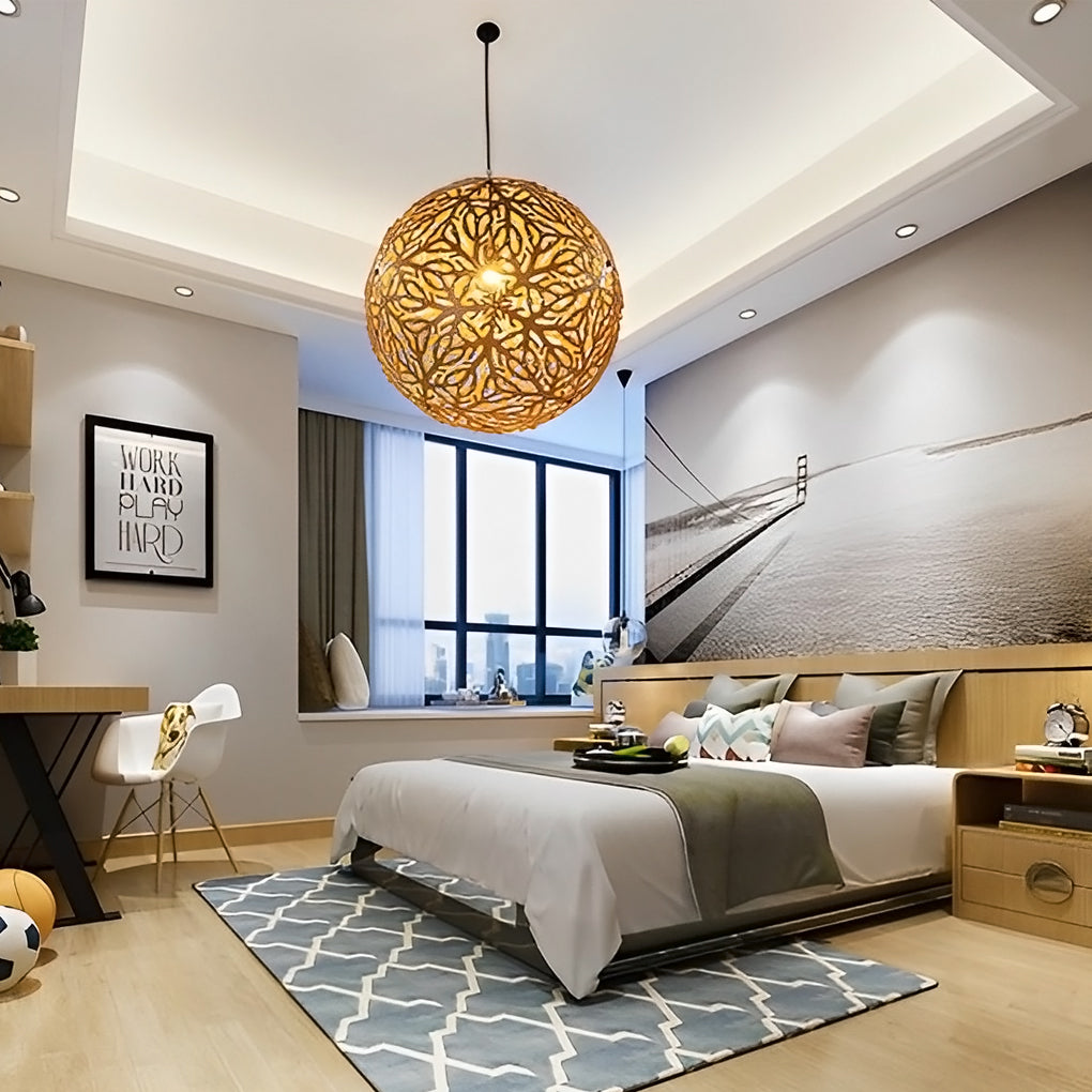 Modern White Basswood Hollowed Ball LED Chandelier for Living Room