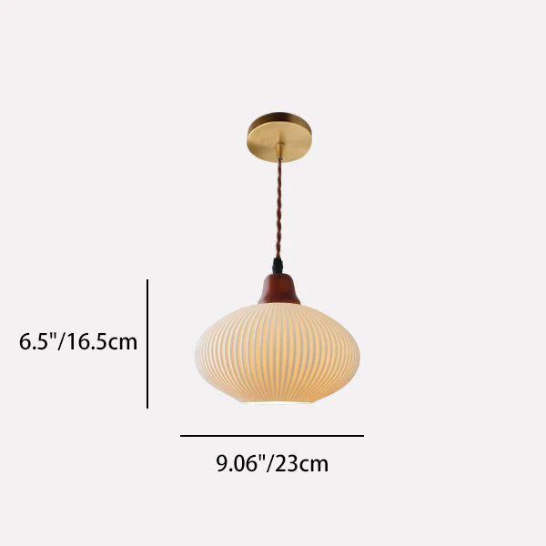 Japanese Ceramic Pleated Dome Pendant Light in Wood & Iron for Home