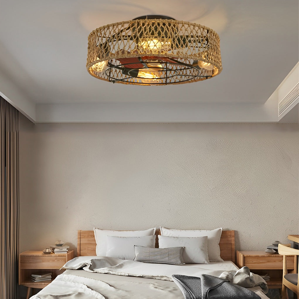 Industrial Style Rattan and Iron Ceiling Fan Lamp for Modern Spaces