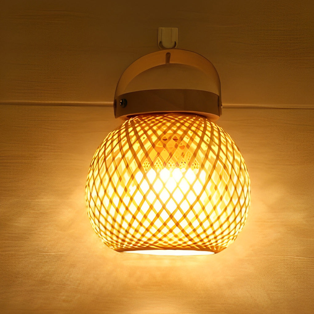 Rustic Natural Woven Bamboo Lantern Table Lamp with Handle for Cozy Home Decor