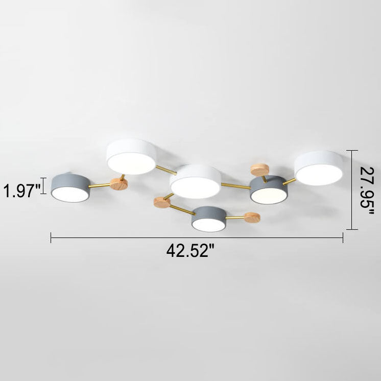 Scandinavian Minimalist Oak Wood and Iron LED Flush Mount Light Fixture