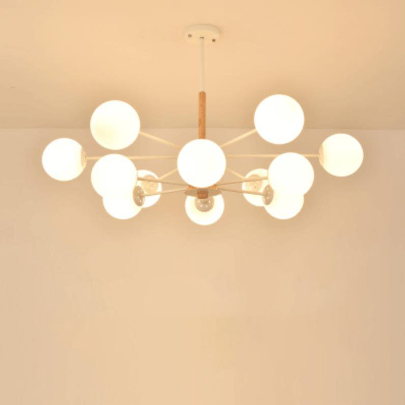 Contemporary Nordic Log Magic Bean Rubberwood Iron Glass 6/8/12/16-Light Chandelier For Living Room & Bedroom