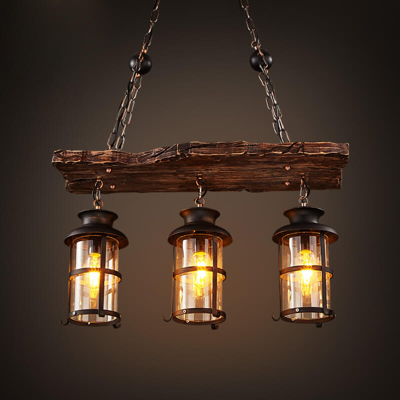 Industrial Black Metal Cage Chandelier with Wooden Accents for Dining Room