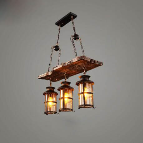 Industrial Black Metal Cage Chandelier with Wooden Accents for Dining Room