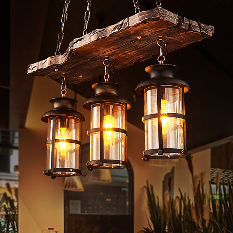 Rustic Wooden Strip Iron 3-Light Chandelier for Farmhouse Dining Room