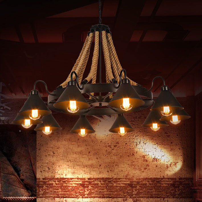 Rustic Industrial Metal Cone Shade Chandelier with Rope 6/8/10 Lights