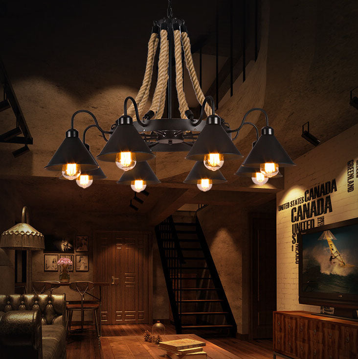 Rustic Industrial Metal Cone Shade Chandelier with Rope 6/8/10 Lights