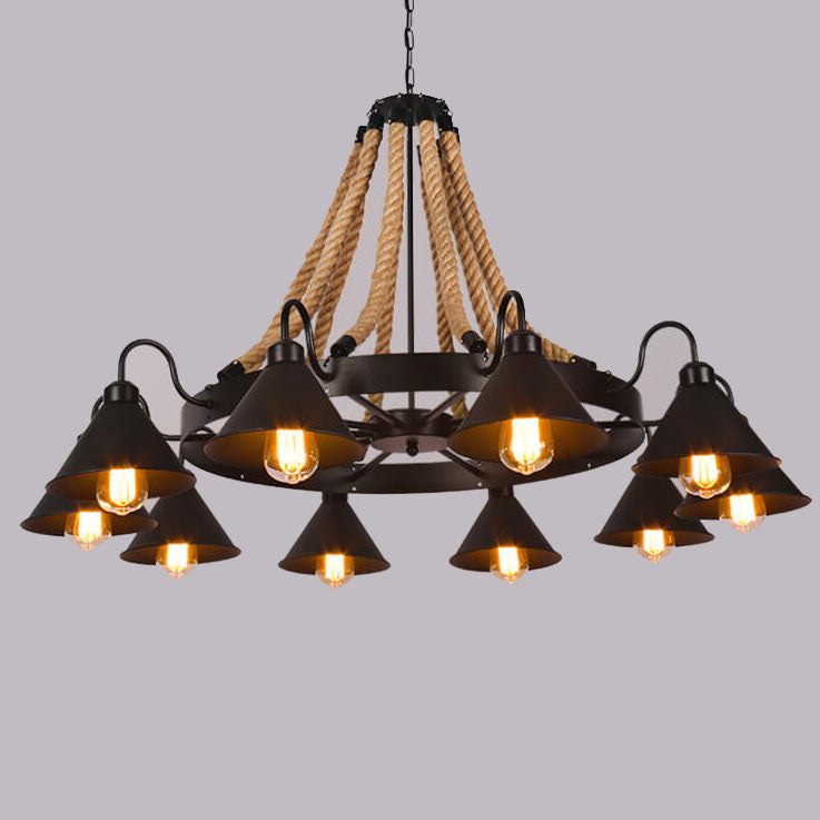 Rustic Industrial Metal Cone Shade Chandelier with Rope 6/8/10 Lights