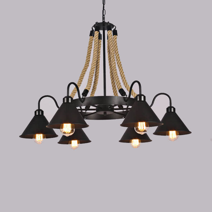 Rustic Industrial Metal Cone Shade Chandelier with Rope 6/8/10 Lights