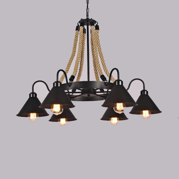 Rustic Industrial Metal Cone Shade Chandelier with Rope 6/8/10 Lights