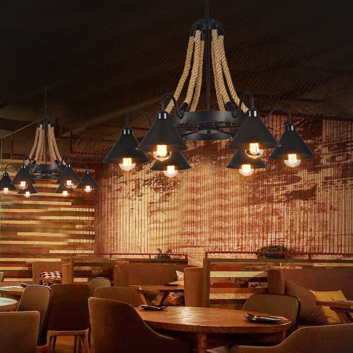 Rustic Industrial Metal Cone Shade Chandelier with Rope 6/8/10 Lights