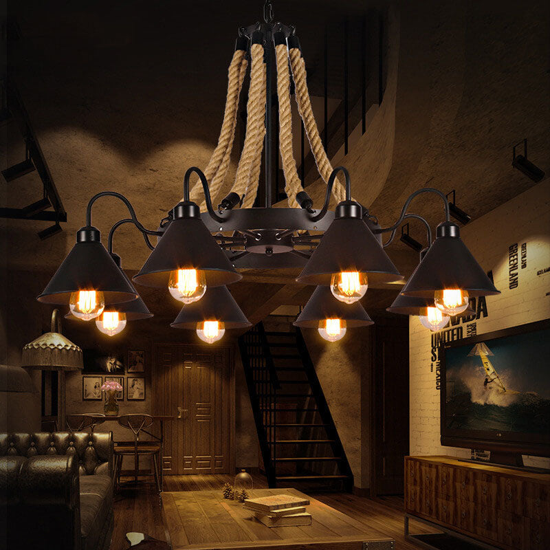 Rustic Industrial Metal Cone Shade Chandelier with Rope 6/8/10 Lights