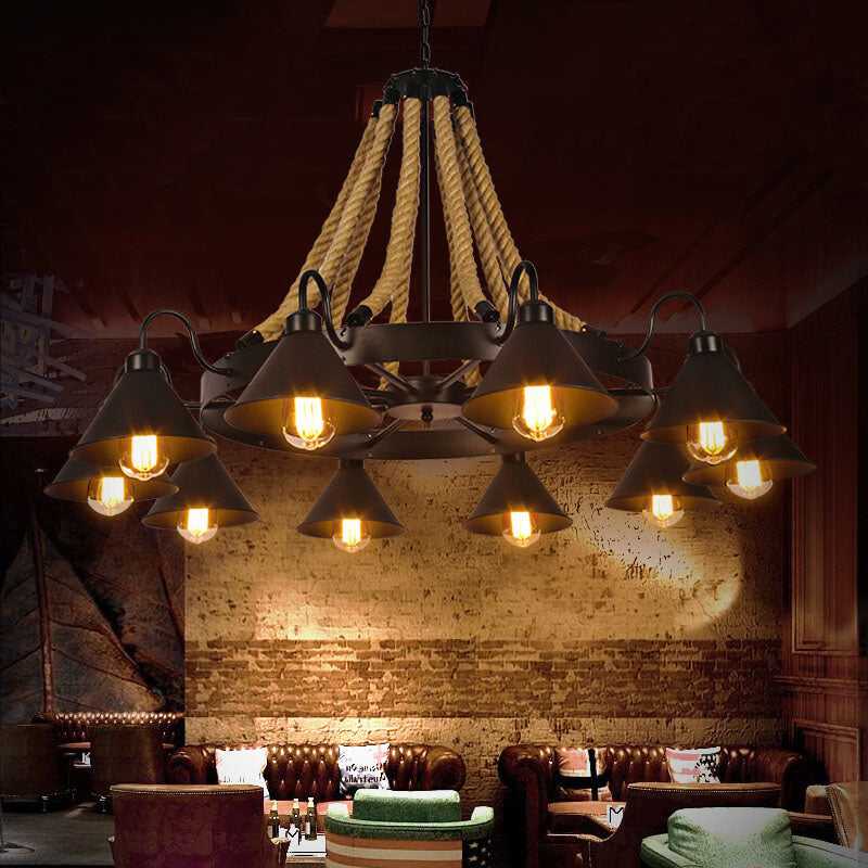 Rustic Industrial Metal Cone Shade Chandelier with Rope 6/8/10 Lights