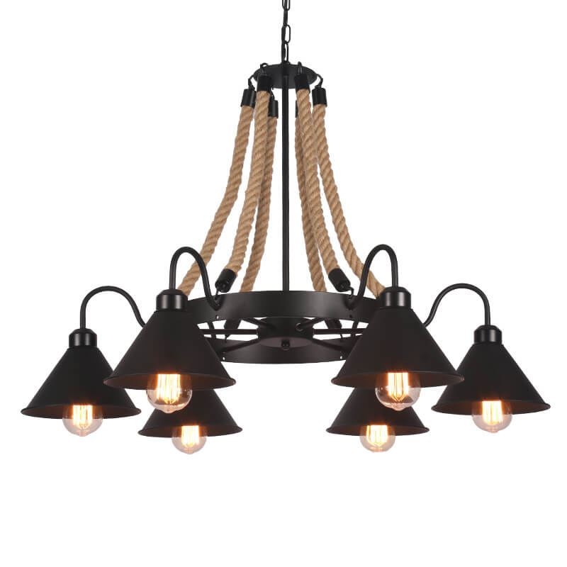 Rustic Industrial Metal Cone Shade Chandelier with Rope 6/8/10 Lights