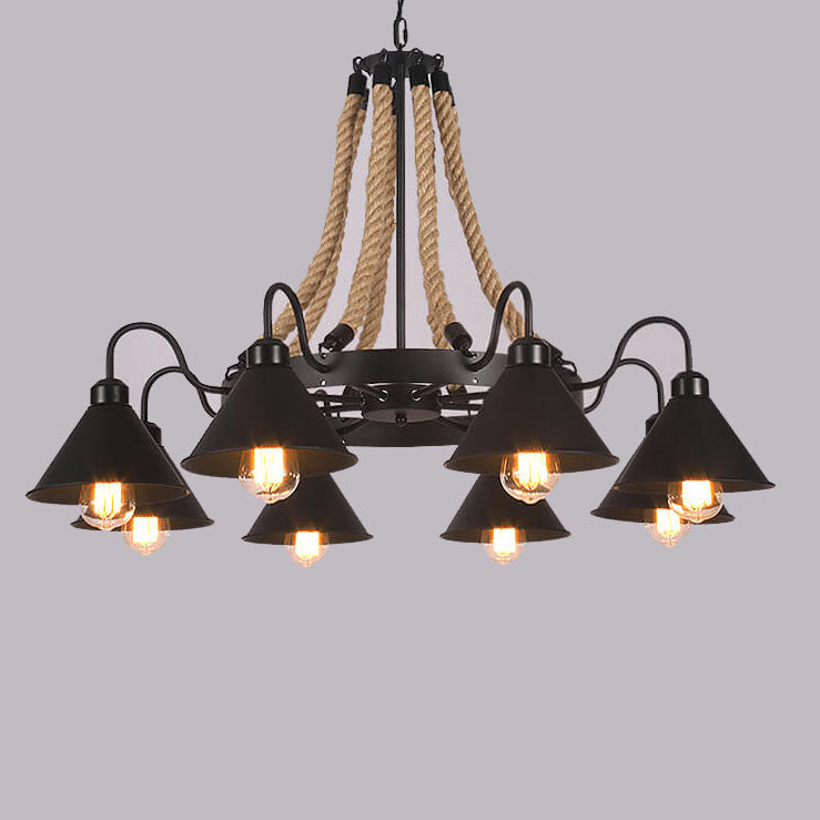 Rustic Industrial Metal Cone Shade Chandelier with Rope 6/8/10 Lights