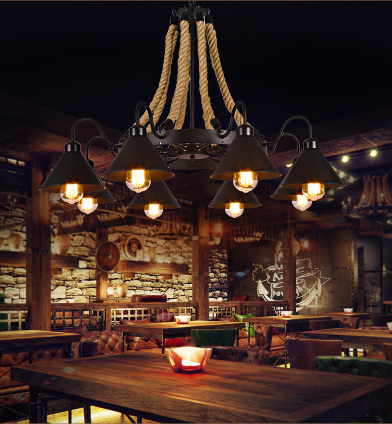 Rustic Industrial Metal Cone Shade Chandelier with Rope 6/8/10 Lights