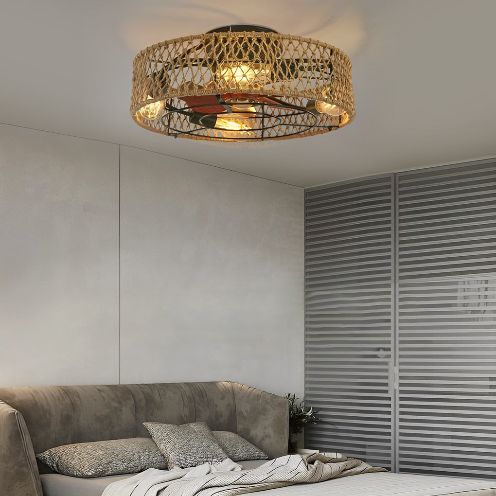 Industrial Style Rattan and Iron Ceiling Fan Lamp for Modern Spaces