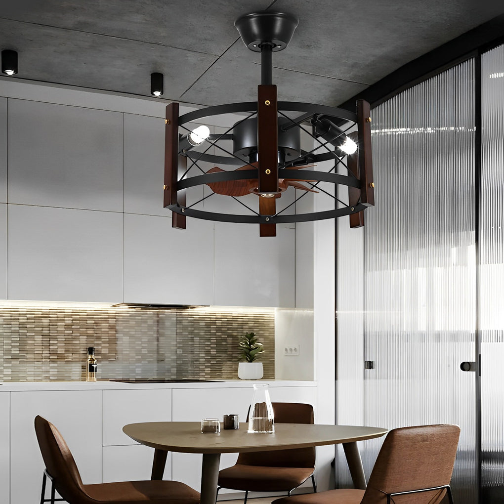 Vintage Black Metal Bladeless Ceiling Fan with Chandelier for Living Room