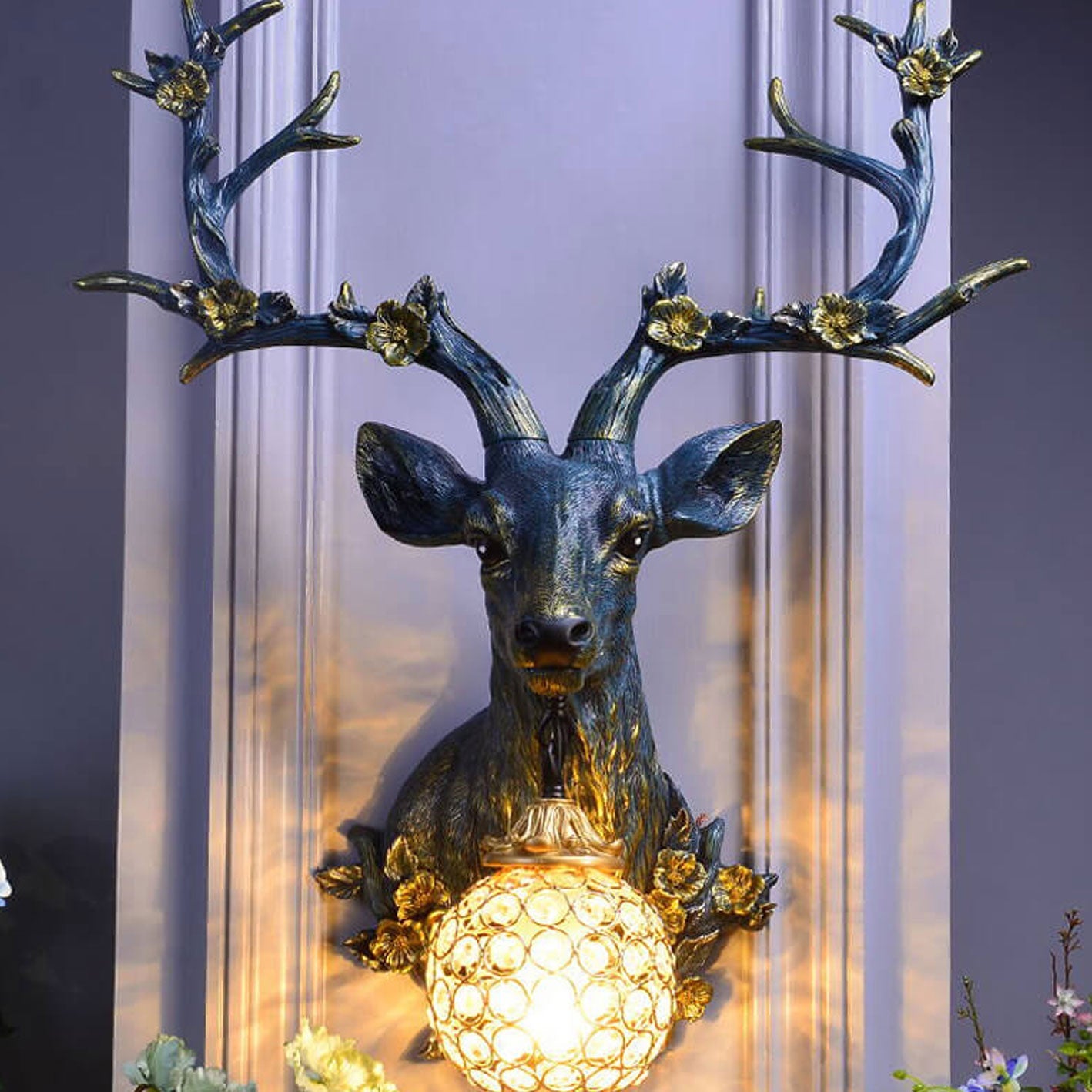 Rustic Brown Resin Deer Head Wall Sconce Light for Cabin Living Room