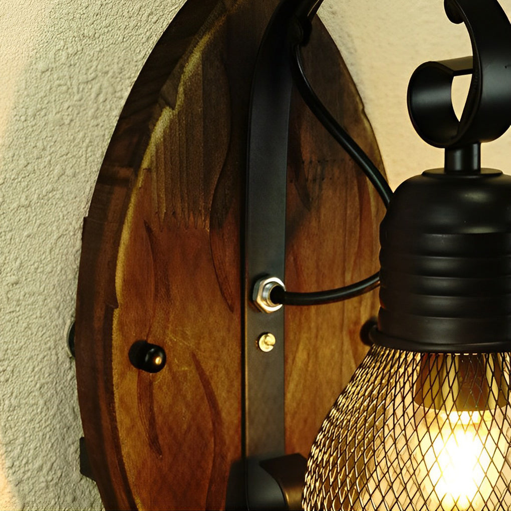 Black Industrial E27 Wall Lamp with Rustic Antique Wood & Iron Design