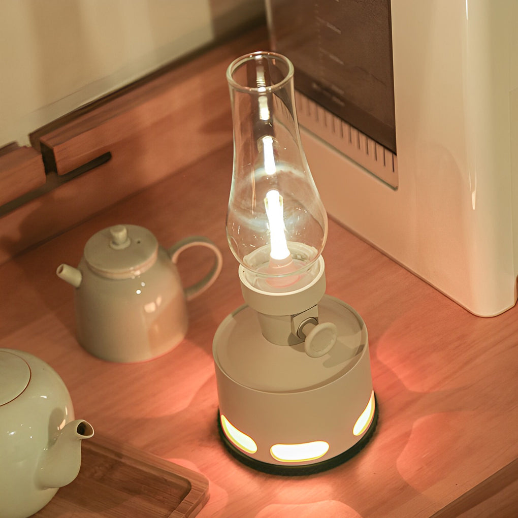 Modern Silver Metal Battery-Operated Kerosene-Style LED Table Lamp