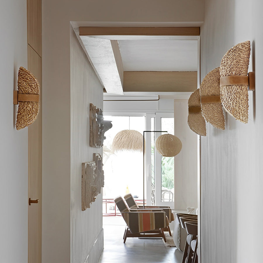 Japanese-Style Rattan Wood LED Wall Light for Living Room & Hallway