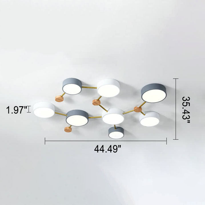 Scandinavian Minimalist Oak Wood and Iron LED Flush Mount Light Fixture