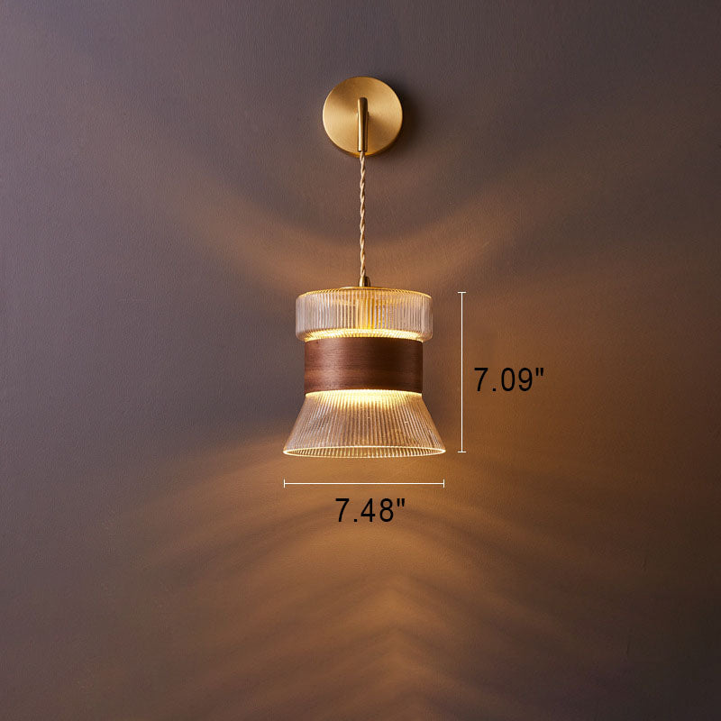 Rustic Japanese Walnut Glass Copper Cylinder Wall Sconce for Entryway