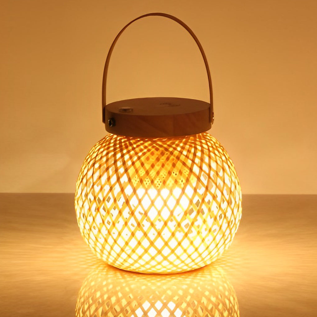 Rustic Natural Woven Bamboo Lantern Table Lamp with Handle for Cozy Home Decor
