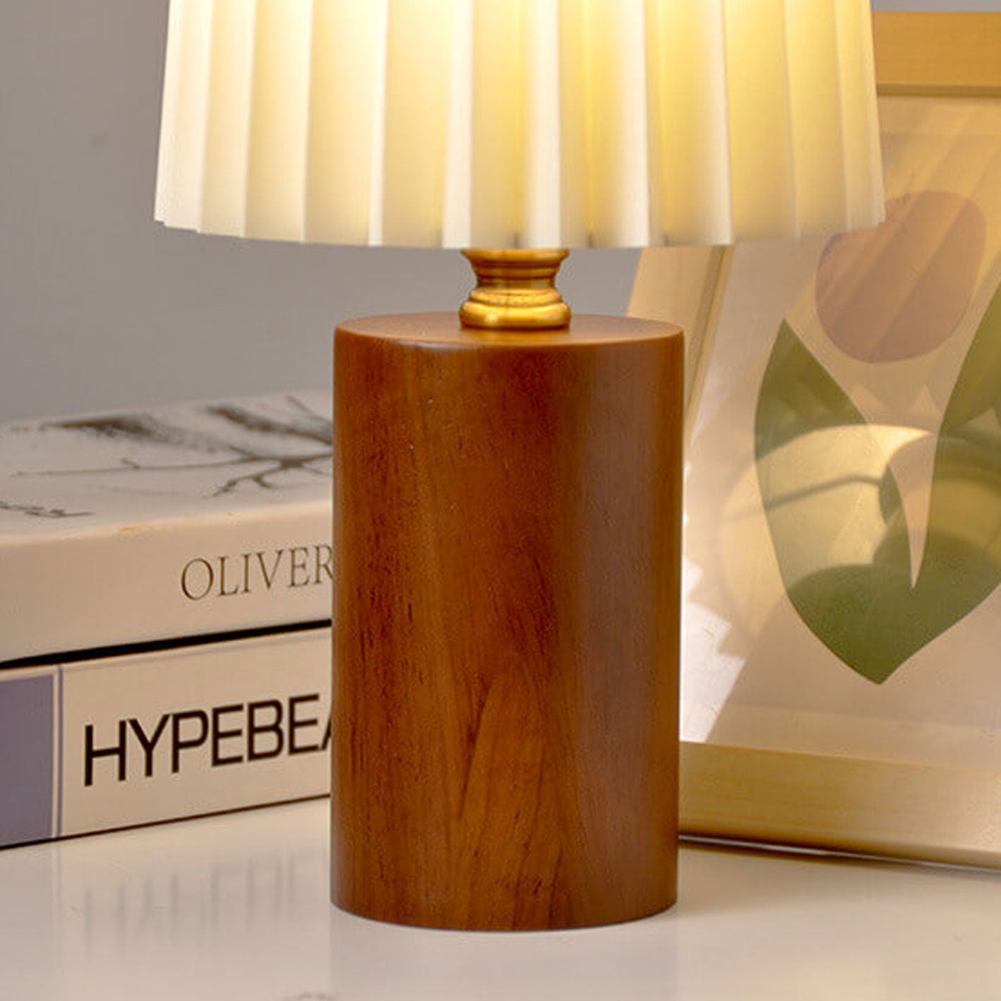 Elegant Vintage Korean Pleated Column Table Lamp with Solid Wood Base