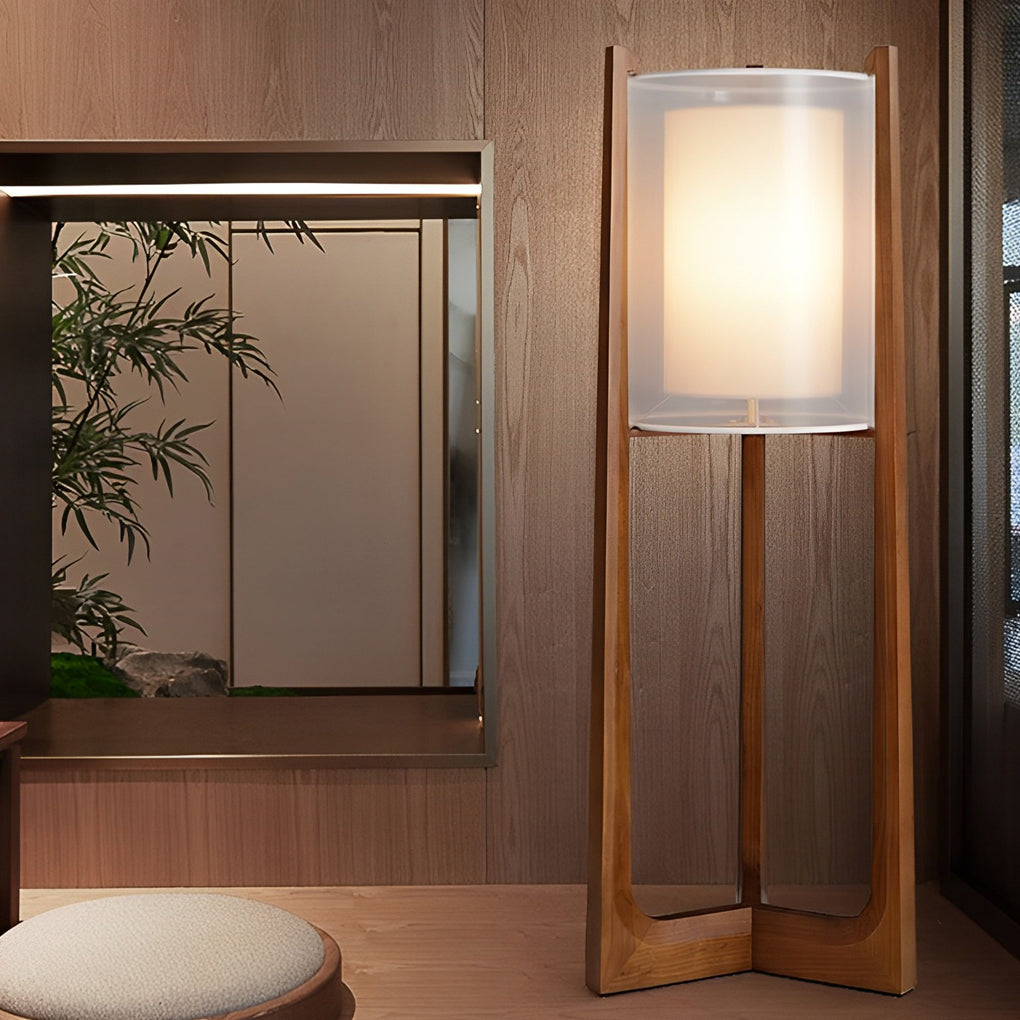 Rustic Japanese Wood LED Floor Lamp with Double Shades for Living Room