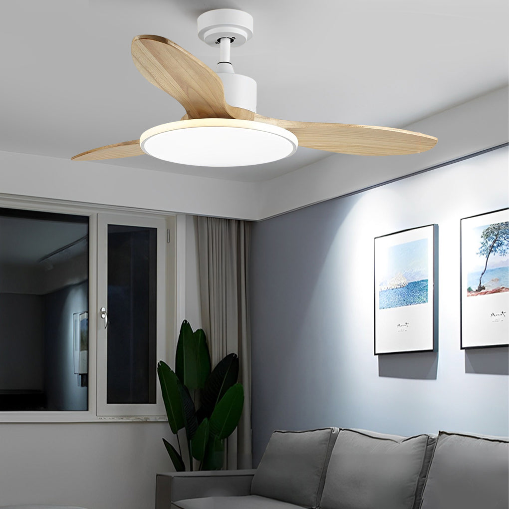 Nordic Wooden LED Ceiling Fan Light with Remote - 3 Step Dimming, Modern