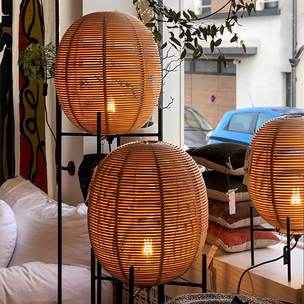 Rustic Bohemian Rattan and Metal Floor Lamp for Living Room Bedroom